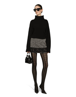 SHORT MICRO-TWEED SKIRT WITH LACE INSERT