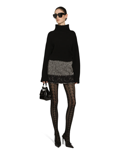 SHORT MICRO-TWEED SKIRT WITH LACE INSERT