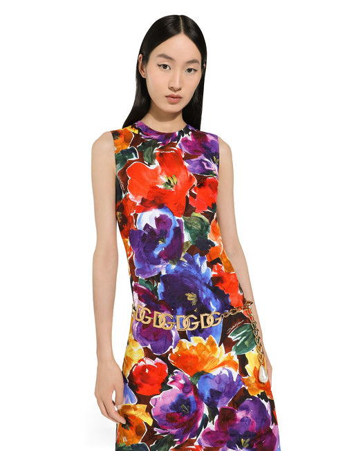 BROCADE MIDI DRESS WITH ABSTRACT FLOWER PRINT