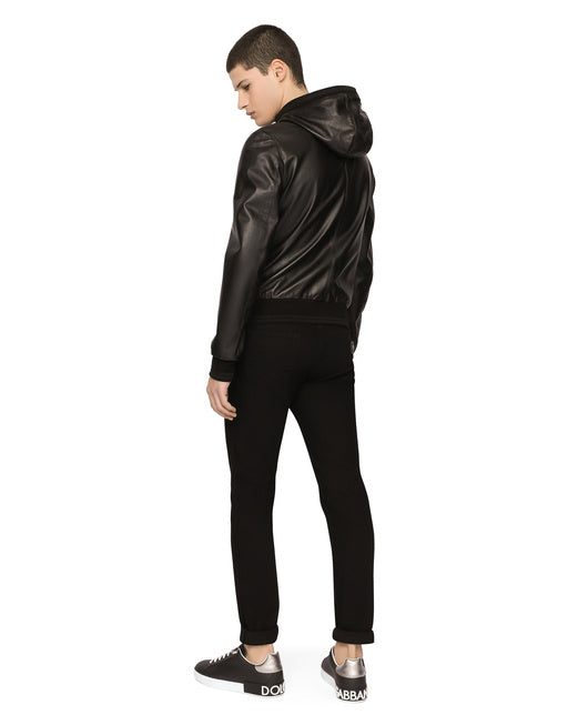 LEATHER JACKET WITH HOOD AND LOGO PLAQUE