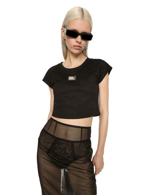 CROPPED JERSEY T-SHIRT WITH DOLCE&GABBANA PLAQUE