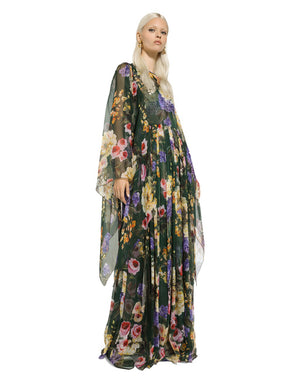 LONG GARDEN-PRINT CHIFFON DRESS