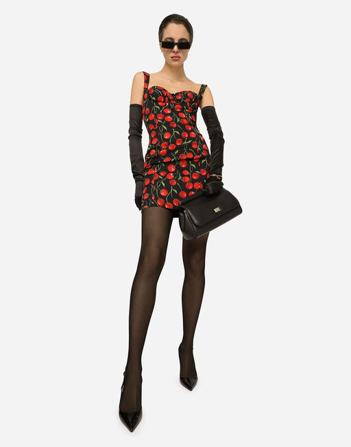 SHORT CHERRY-PRINT CHARMEUSE DRESS