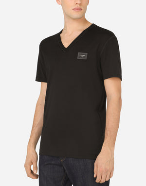 V-NECK COTTON T-SHIRT WITH LOGO PLAQUE
