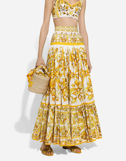 LONG MAJOLICA-PRINT POPLIN SKIRT WITH RUFFLES