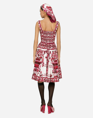 MIDI CORSET DRESS IN COTTON POPLIN WITH MAJOLICA PRINT