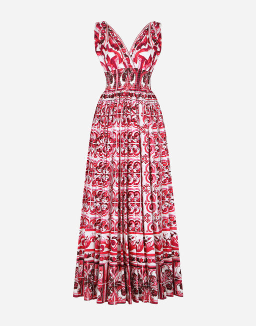 LONG MAJOLICA-PRINT POPLIN DRESS