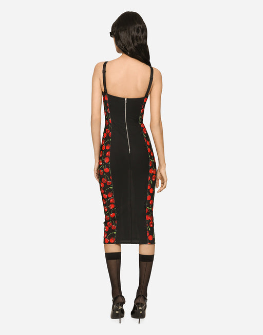 CHERRY-PRINT STRETCH CALF-LENGTH CORSET DRESS