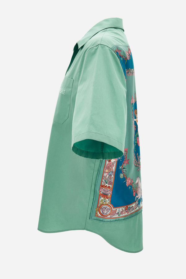 Informal Shirt In Cotton Poplin Fabric + Silk Twill Coral Theatre Print