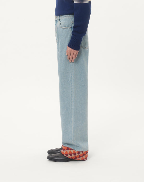 Pantalone In Denim Con Fondo In Jacquard