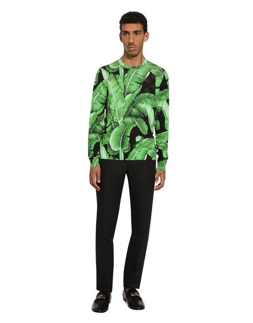 ROUND-NECK SILK SWEATER WITH BANANA TREE PRINT