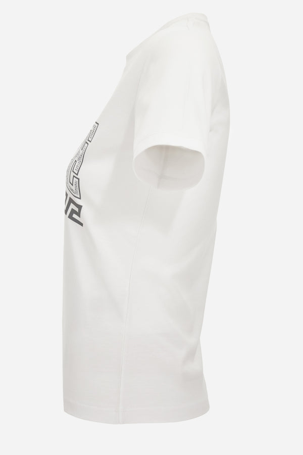 T-Shirt In Jersey Fabric With Print + Rhinestone Greca Varsity Logo