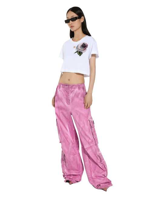 CROPPED JERSEY T-SHIRT WITH FLOWER APPLIQUÉ