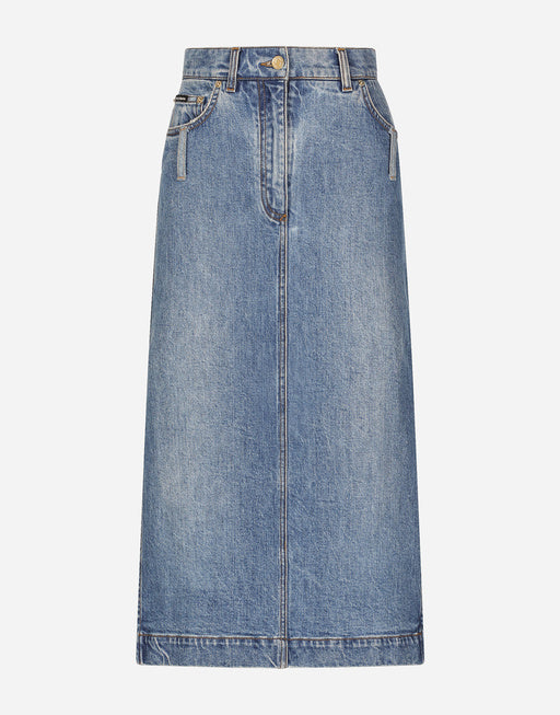 DENIM CALF-LENGTH SKIRT WITH LOGO TAG