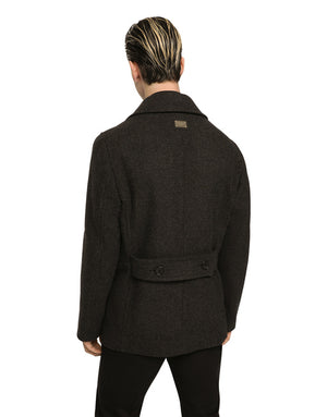 DOUBLE-BREASTED WOOL PEA COAT WITH BRANDED TAG