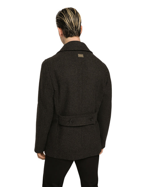 DOUBLE-BREASTED WOOL PEA COAT WITH BRANDED TAG