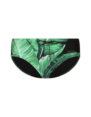 BANANA-TREE-PRINT SWIM BRIEFS WITH HIGH-CUT LEG