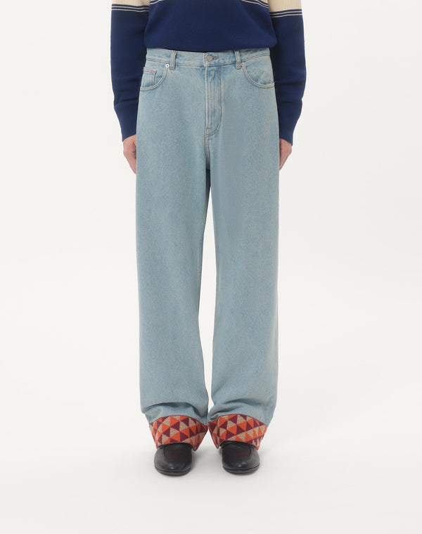 Pantalone In Denim Con Fondo In Jacquard