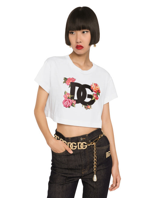 CROPPED JERSEY T-SHIRT WITH DG LOGO PATCH