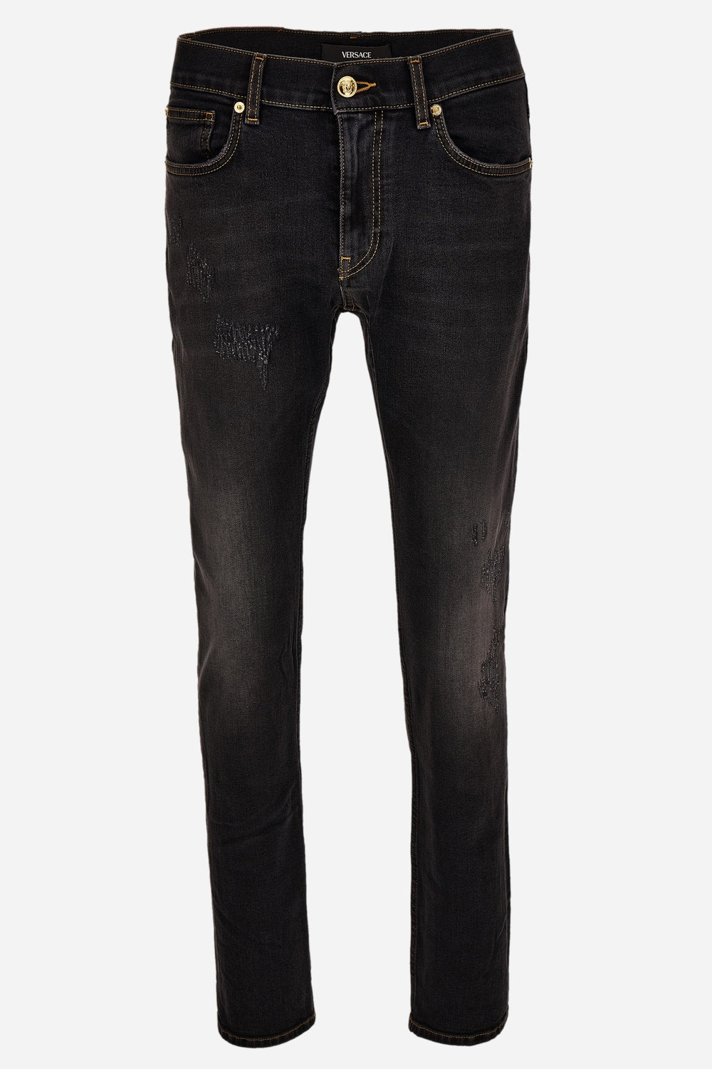 Pant Denim In Black Stretch Denim-Stone Wash-Rips And Mustaches-Medusa Embroidery
