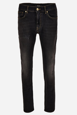 Pant Denim In Black Stretch Denim-Stone Wash-Rips And Mustaches-Medusa Embroidery