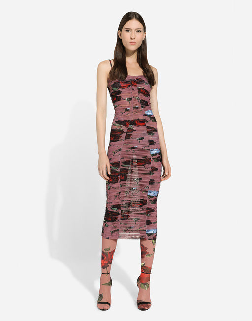 TULLE SLIP DRESS WITH DRAPING AND VINTAGE ROSE PRINT