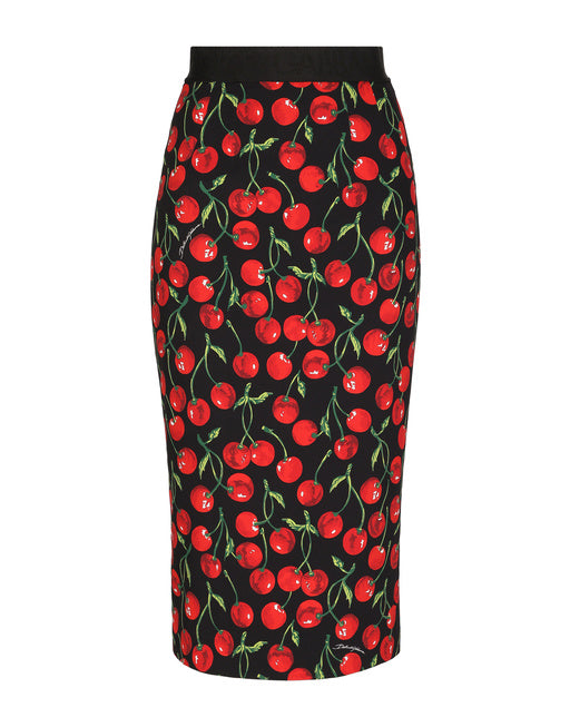HIGH-WAISTED CHARMEUSE CALF-LENGTH SKIRT WITH CHERRY PRINT