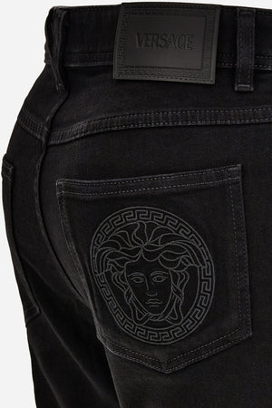 Pant Denim In Denim Stretch Rinse Wash With Medusa- Greca Embroidery