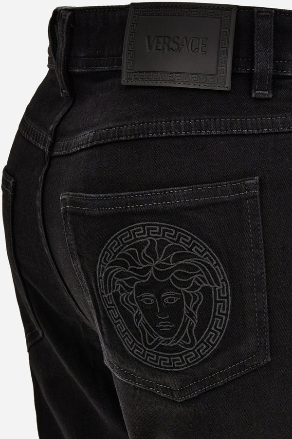 Pant Denim In Denim Stretch Rinse Wash With Medusa- Greca Embroidery