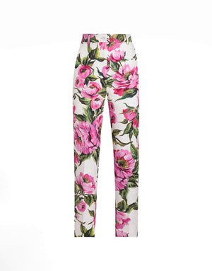 PEONY-PRINT COTTON JACQUARD PANTS