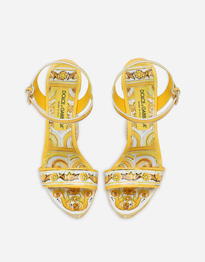 POLISHED CALFSKIN PLATFORM SANDALS WITH MAJOLICA PRINT