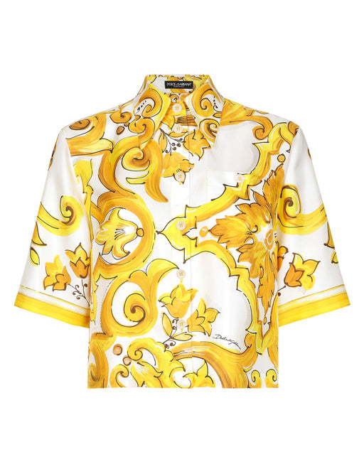 CROPPED SILK TWILL SHIRT WITH MAJOLICA PRINT