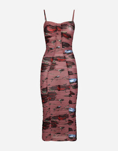 TULLE SLIP DRESS WITH DRAPING AND VINTAGE ROSE PRINT