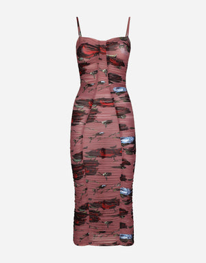 TULLE SLIP DRESS WITH DRAPING AND VINTAGE ROSE PRINT