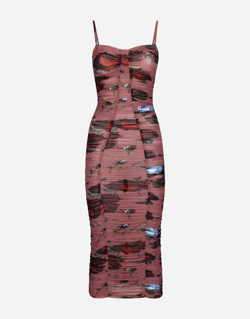 TULLE SLIP DRESS WITH DRAPING AND VINTAGE ROSE PRINT