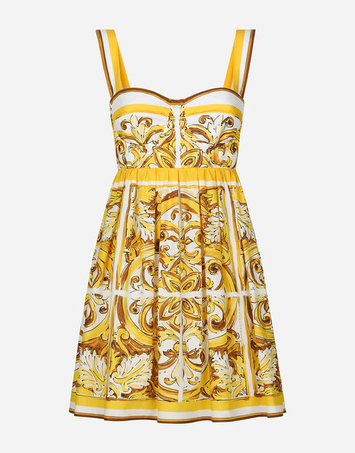 SHORT DRESS WITH CORSET BODICE IN MAJOLICA-PRINT COTTON POPLIN
