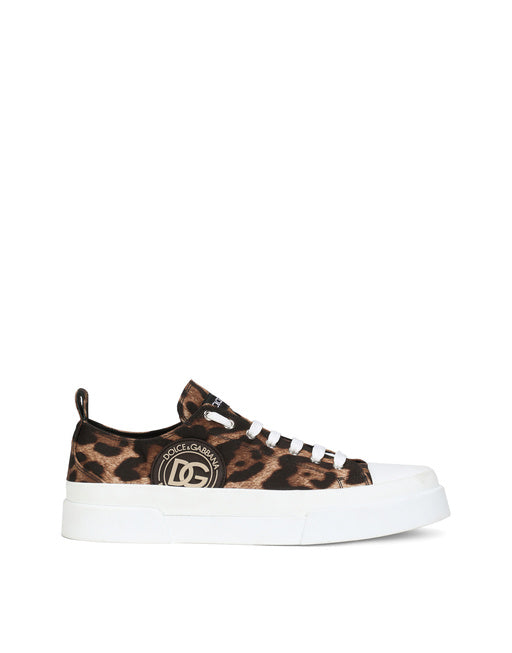 COTTON DRILL PORTOFINO LIGHT SNEAKERS WITH LEOPARD PRINT AND DG LOGO