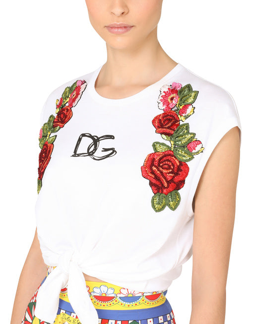 JERSEY T-SHIRT WITH TIE HEM AND RAFFIA EMBROIDERY