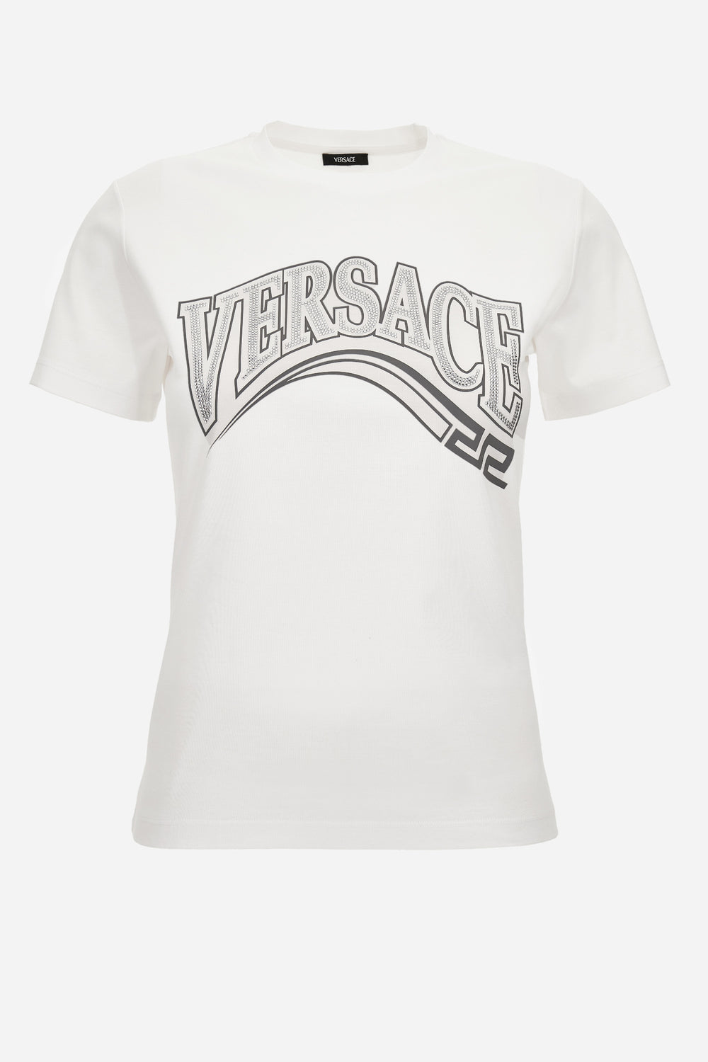 T-Shirt In Jersey Fabric With Print + Rhinestone Greca Varsity Logo
