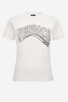 T-Shirt In Jersey Fabric With Print + Rhinestone Greca Varsity Logo