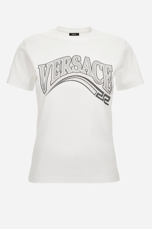 T-Shirt In Jersey Fabric With Print + Rhinestone Greca Varsity Logo