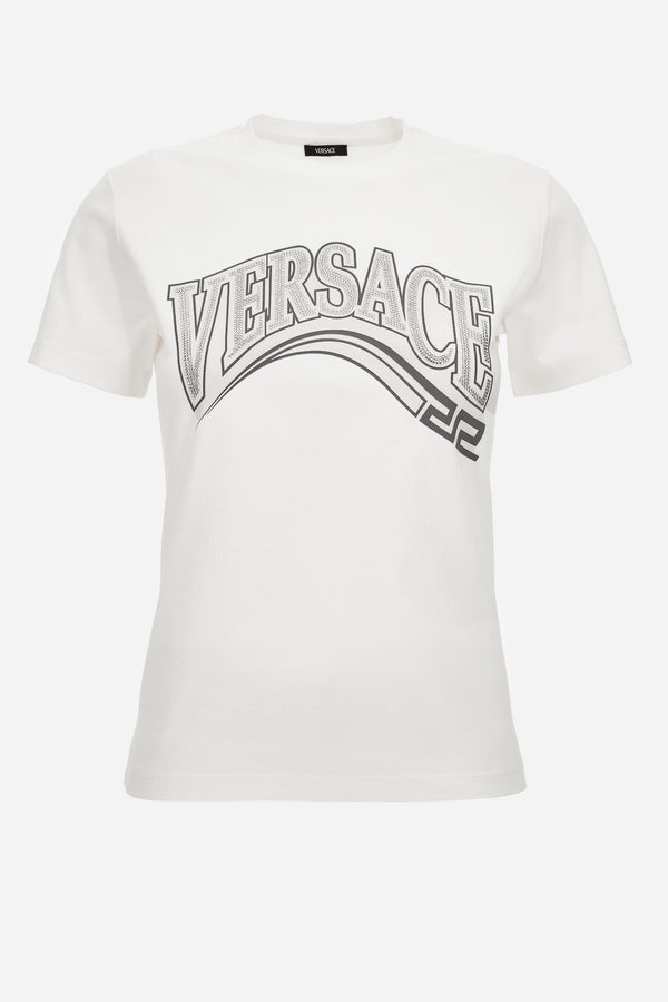 T-Shirt In Jersey Fabric With Print + Rhinestone Greca Varsity Logo