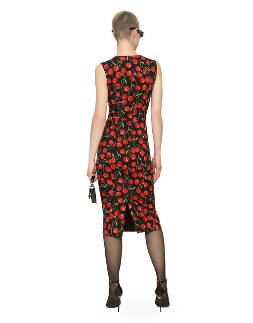 CHERRY-PRINT CHARMEUSE MIDI DRESS