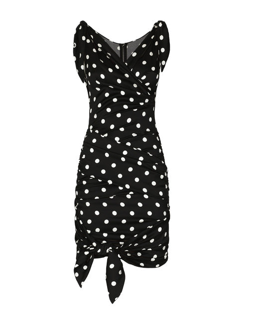 CHARMEUSE MIDI DRESS WITH DRAPING AND POLKA-DOT PRINT