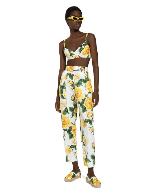 HIGH-WAISTED COTTON PANTS WITH YELLOW ROSE PRINT