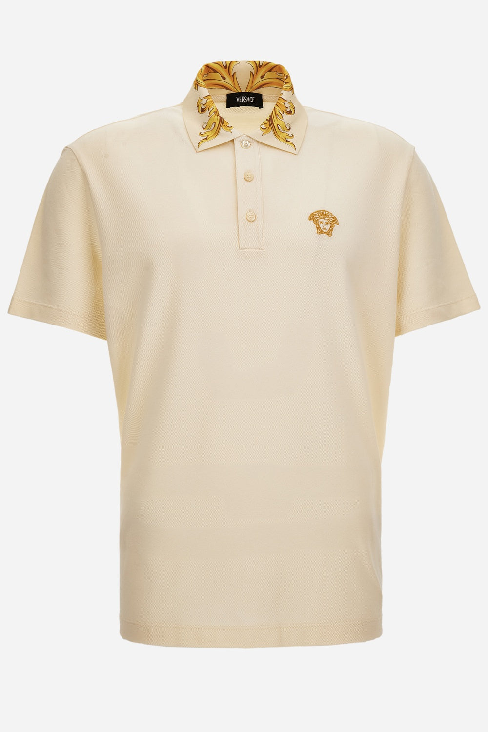 Polo In Cotton Piquet-Printleafy Collar-Medusa Embroidery