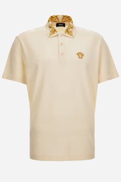 Polo In Cotton Piquet-Printleafy Collar-Medusa Embroidery