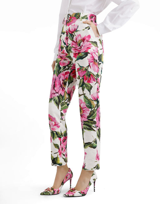 PEONY-PRINT COTTON JACQUARD PANTS