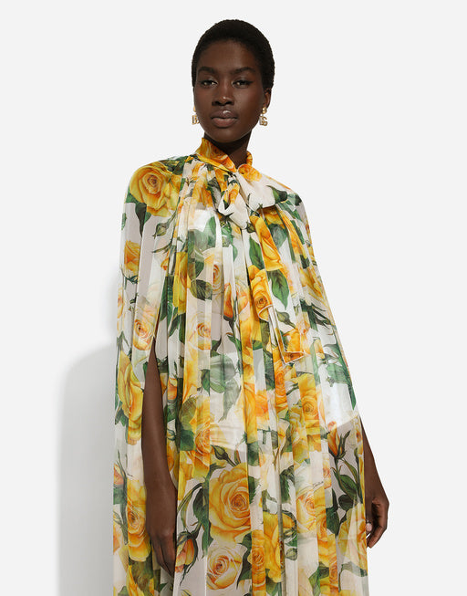 SILK CHIFFON CAPE WITH YELLOW ROSE PRINT