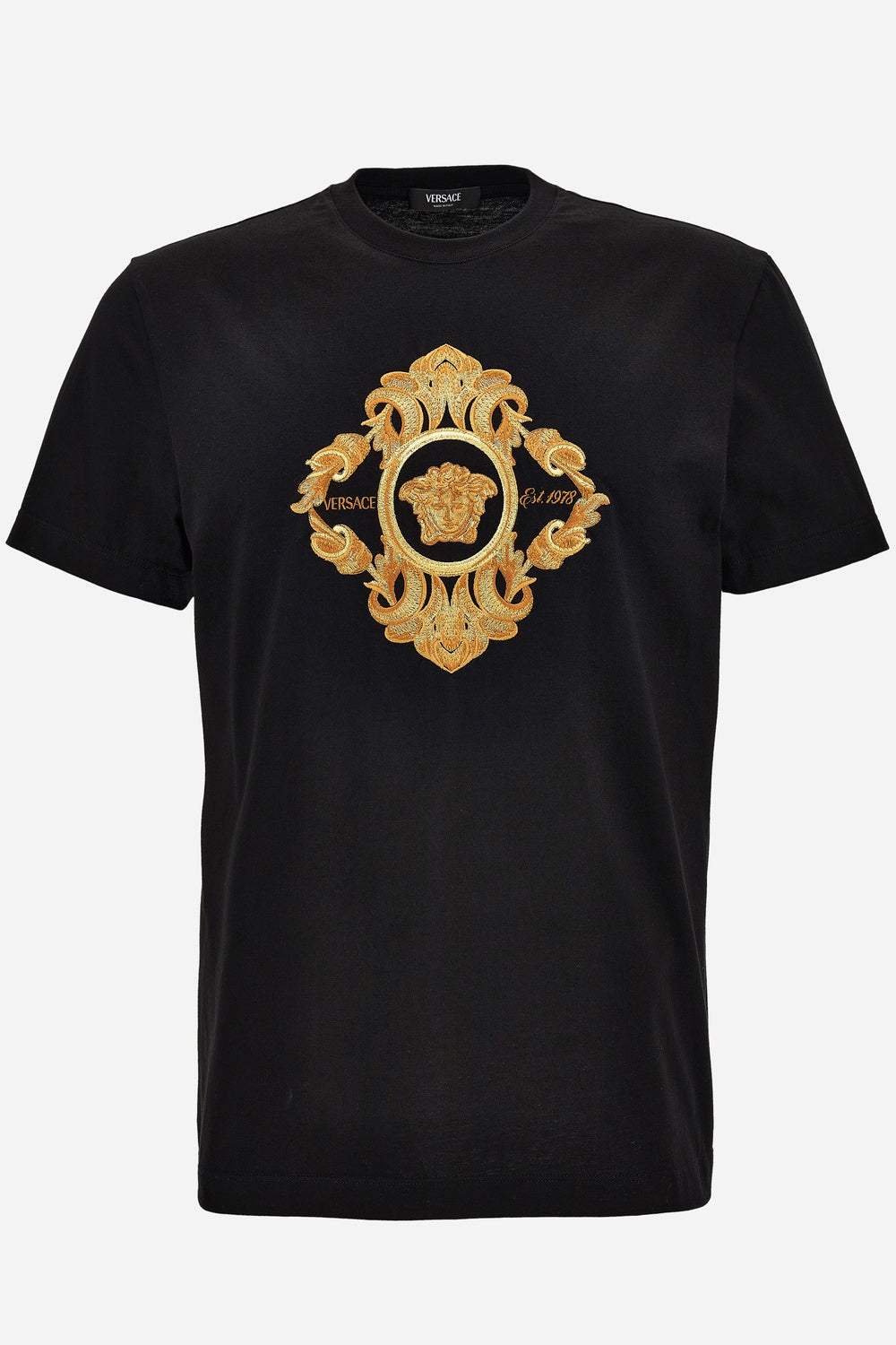 T-Shirt In Compact Cotton Jersey Fabric + Architectural Barocco Crest Embroidery